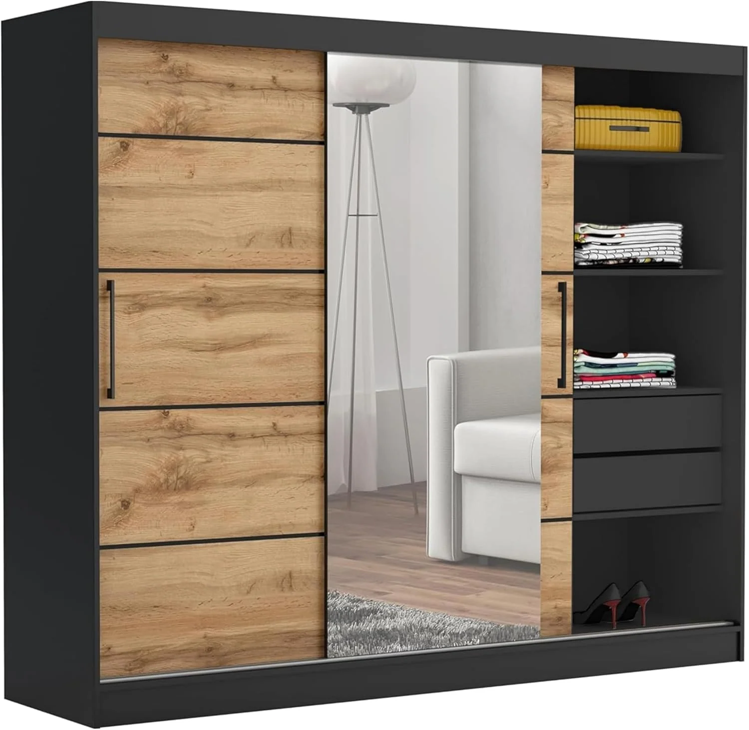Brent, Kleiderschrank mit Spiegel und Schubladen 235cm Breit Chelsea Tomy, Schwebetürenschrank mit Spiegel, Schlafzimmerschrank