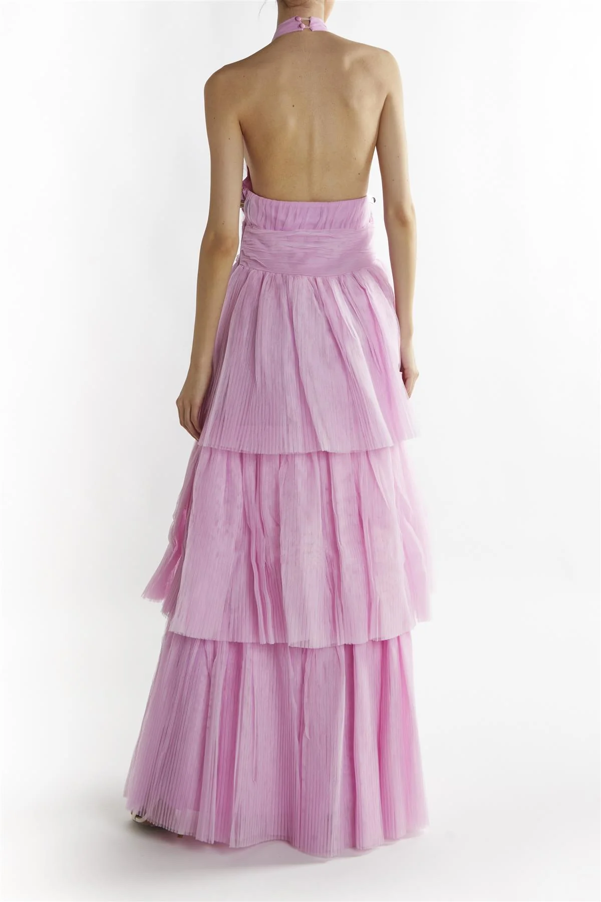 Luciana Candy Pink Halter Neck Tiered Maxi Dress