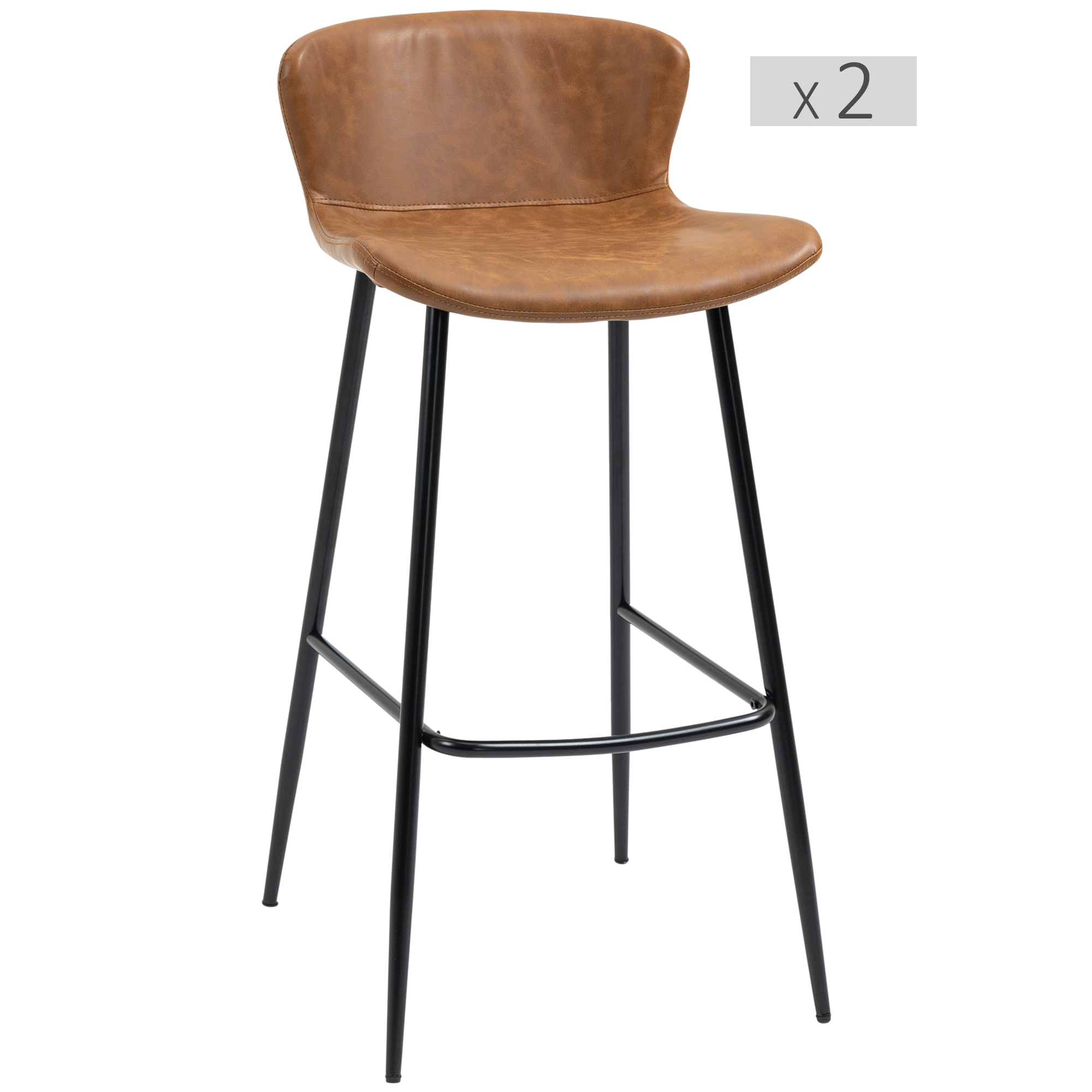 HOMCOM Set aus 2 Barhockern mit Sitzfläche aus Kunstleder, 76 cm Höhe mit Fußstütze aus Stahl und Vintage-Design-Rückenlehne Braun