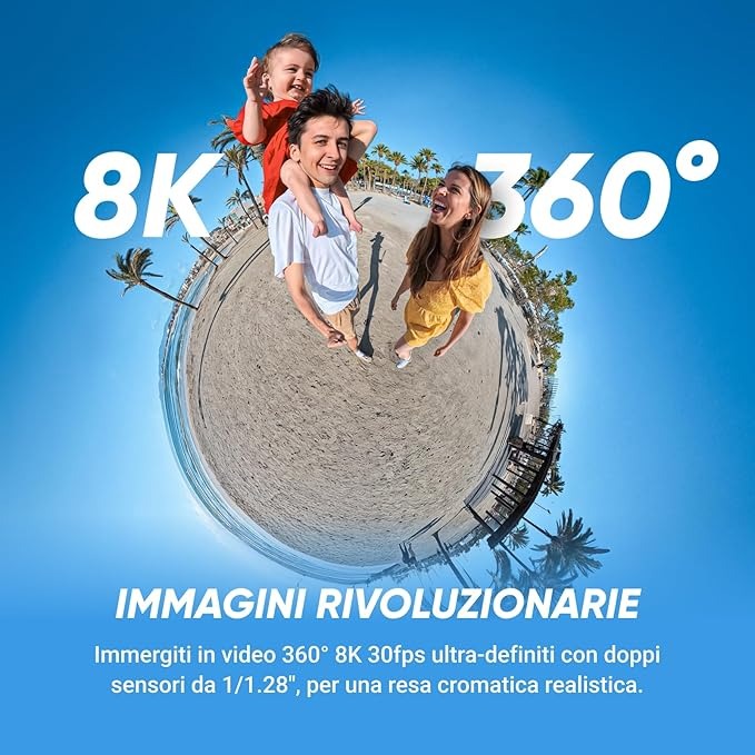 Insta360 X5 Pack Standard - Action Cam Impermeabile 360° in 8K, Superba in Bassa Luce, Selfie Stick Invisibile, Obiettivi Sostituibili, Autonomia 3 ore, Cover Antivento, Stabilizzazione