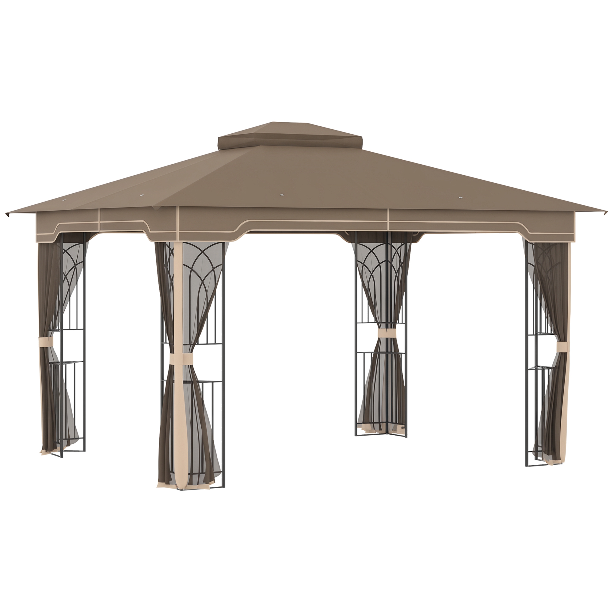 Outsunny Pavillon Gartenpavillon 3,65 x 3 m Gartenzelt Festzelt Partyzelt mit 4 x Moskitonetz atmungsaktivem Doppeldach Metall Polyester Braun+Beige