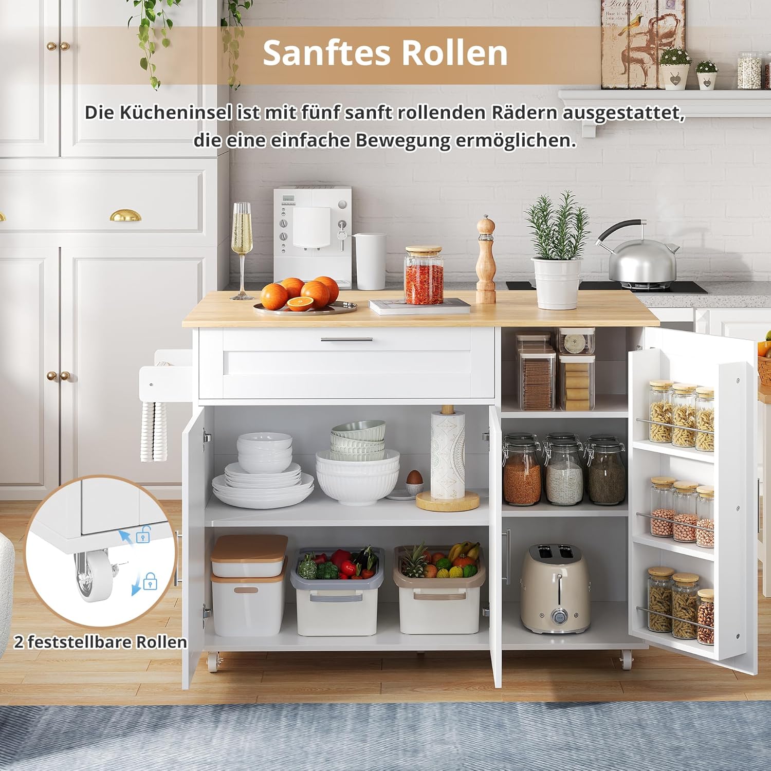 Mobiler Küchentisch, Arbeitsplatte Klappbar, Eiche Maserung, Multifunktionaler Schrank, Gewürzregal, Handtuchhalter, 5 Rollen, Weiß Geeignet für Küche/Essen/Haus