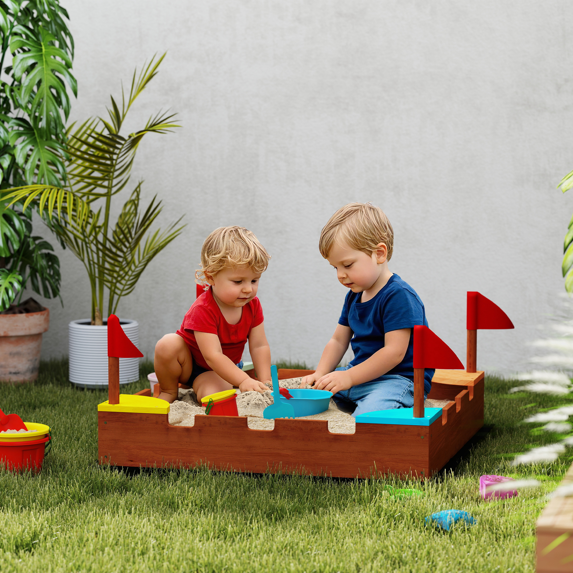 AIYAPLAY Sandkasten für Kinder 3-7 Jahre in Form eines Schlosses aus Fichtenholz, 90x90x17 cm, Mehrfarbig