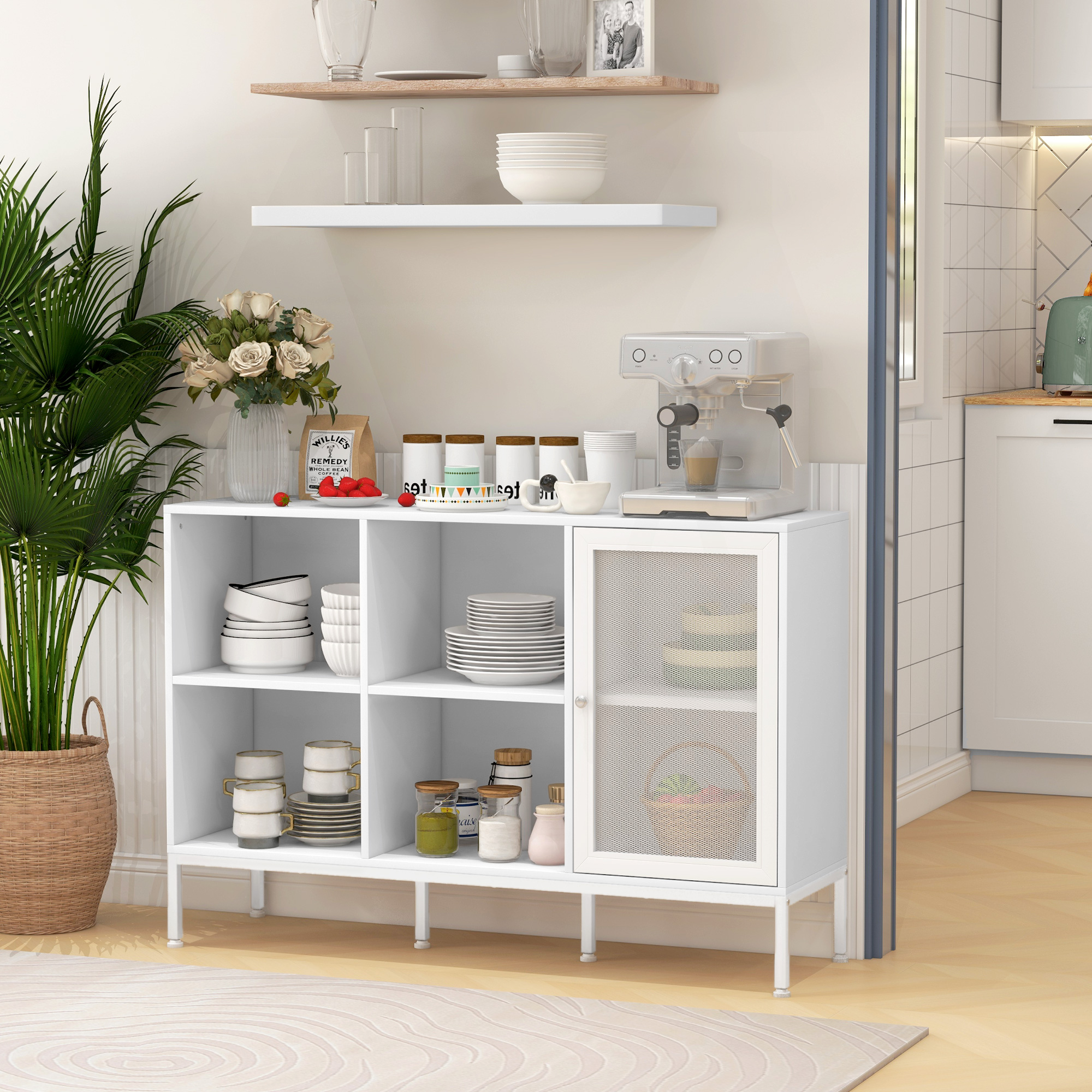 HOMCOM Buffet Aufbewahrungsschrank 4 offene Fächer und 1 Schrank verstellbare Regale 120 x 37 x 81,5 cm weiß