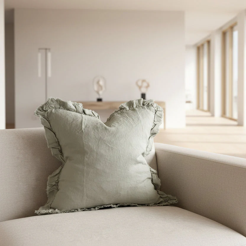 Dusty Sage Stonewashed Linen Cushion �C Ruffled Edge, 53cm (with Feather Pad)