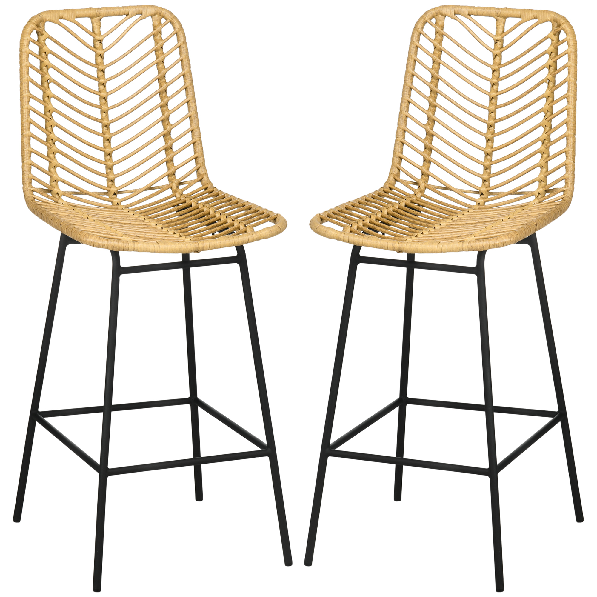 Set van 2 barkrukken in boho-design, PE-rotan, inclusief voetsteun, 42,5 cm x 52 cm x 102 cm, geel+zwart