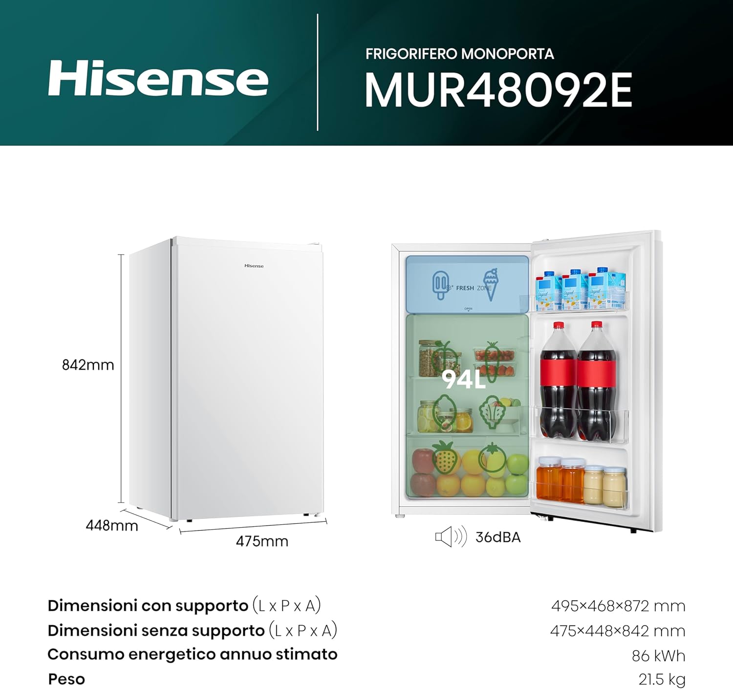 Hisense MUR48092E Frigorifero Monoporta, Classe Efficienza Energetica E, Bianco, 94 Litri, Zona Freezer 0 star