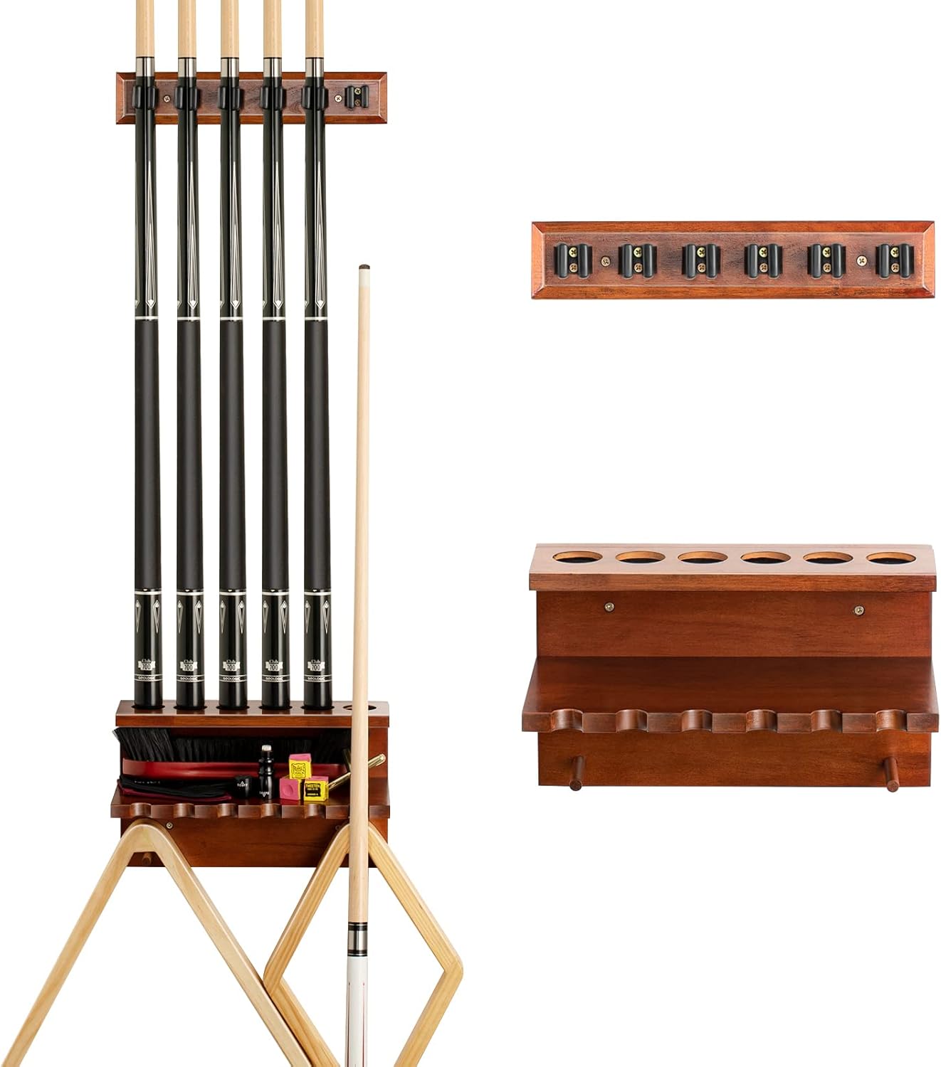EXTCCT Supporto da parete per stecca da biliardo, in legno duro, per 6 stecche, accessori per tavolo da biliardo, organizer per attrezzature