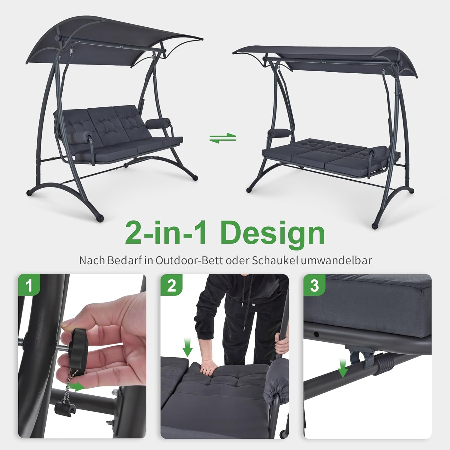 M MCombo Dondolo Hollywood a 3 posti con funzione sdraio, 3 cuscini extra spessi e ganci silenziosi, altalena da giardino silenziosa portata fino a 300 kg, 193 x 119 x 185 cm, resistente alle