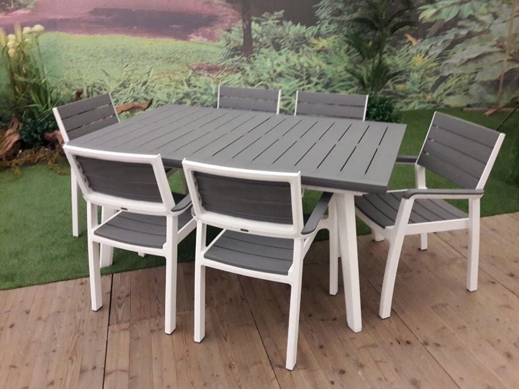 XONE Keter Harmony Resin Table Set (160/240 x 100 x H74 cm) and 6 Armchairs Wood Mould