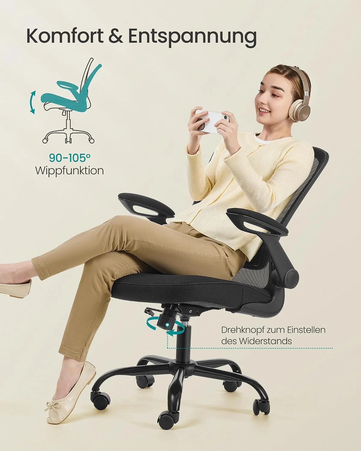 SONGMICS Ergonomischer Bürostuhl mit klappbaren Armlehnen und höhenverstellbarem Sitz