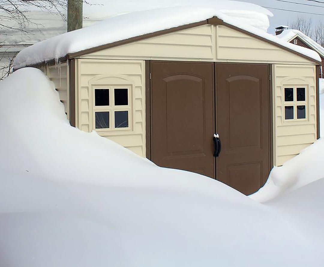 Duramax WoodSide 10 x 8 (7.64 m²) Kunststoff gerätehaus mit 3 festen Fenstern und Metallfundamentset, Gerätehaus, wartungsfreie und robuste und Dachstruktur aus Metall, Ivory/Brown