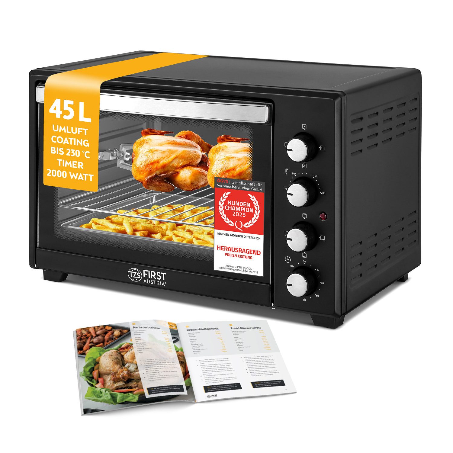 Minibackofen Mini-Backofen 45L, 2000W, Premium-X Coating (Antihaftbeschichtung)