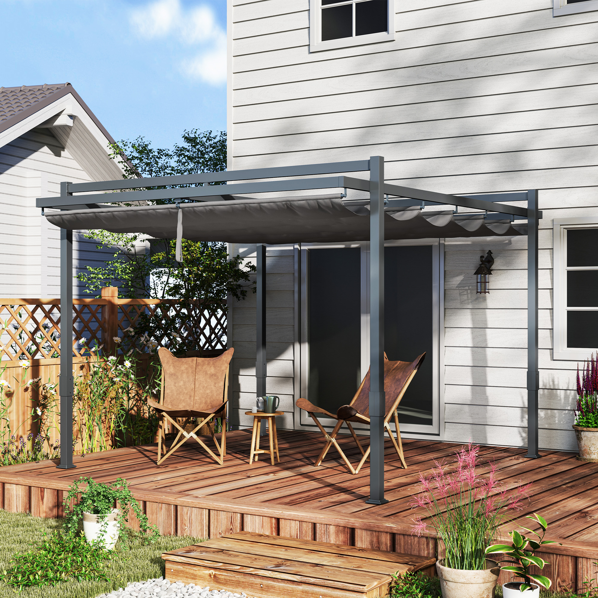 Pergola met Schuifdak ca. 3,5x3m Aluminium Duurzaam Winterbestendige Zonwering Grijs