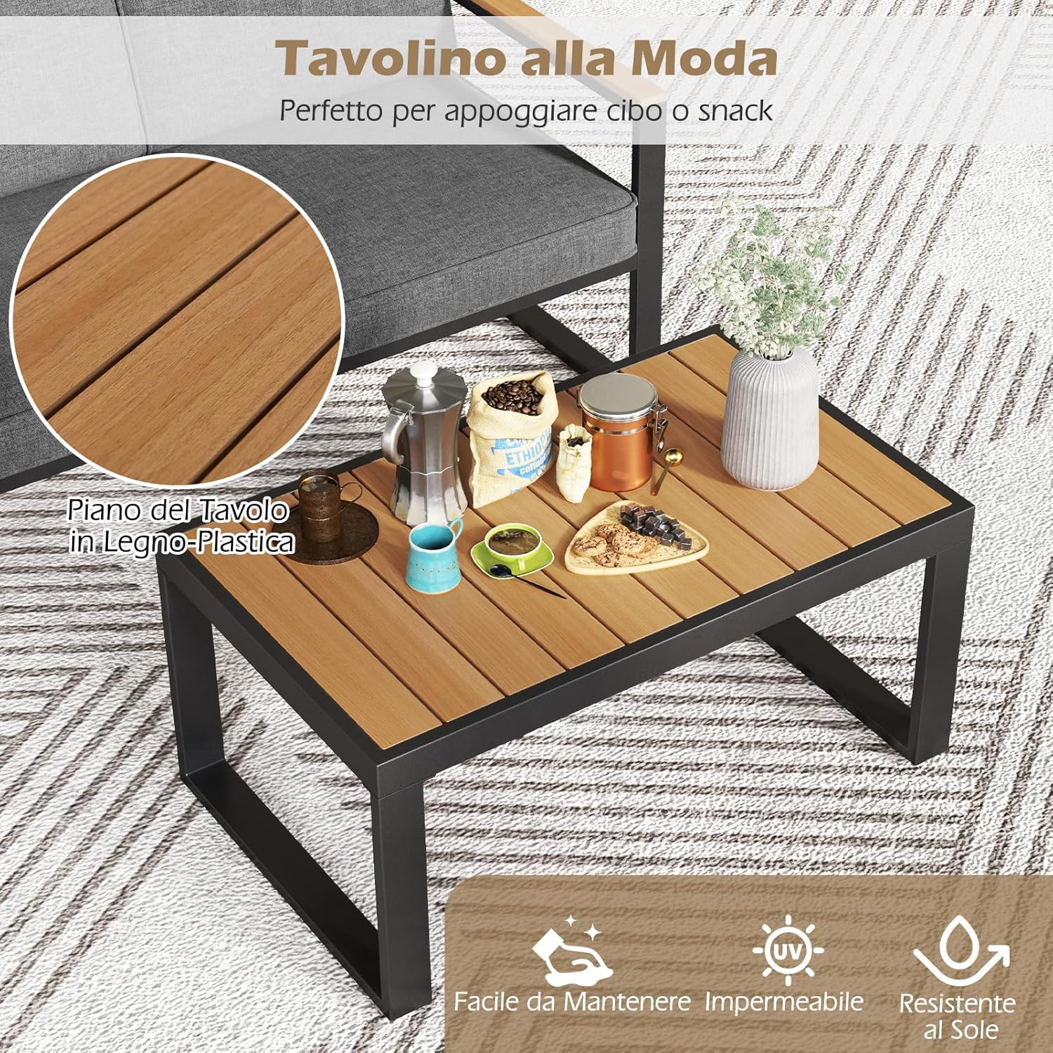 COSTWAY 2 Piece Aluminium Garden Set Garden Table and Armchair Set, Outdoor Conversation Set, Padded Sectional Sofa with Coffee Table, Patio Balcony