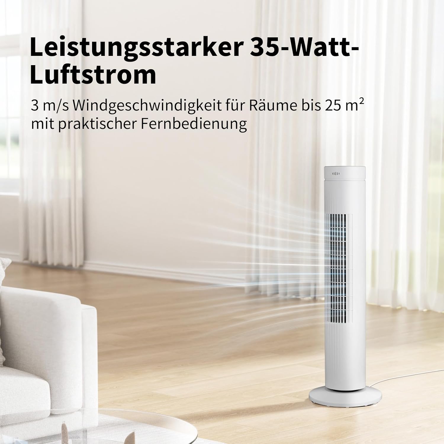 aeco AirX SPIN Turmventilator mit Fernbedienung, 76 cm Höhe, 60° oszillierender Ventilator mit Timerfunktion (7H), 3 Geschwindigkeiten, Power-Off-Funktion, leise für Schlafzimmer und Büro, Weiß