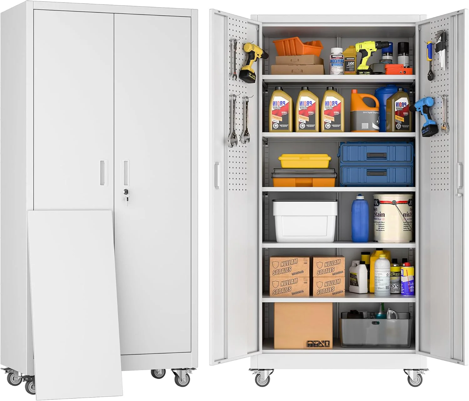 Metal Storage Cabinet with Pegboard 71'' x 34'' x 18'',Lockable Steel Storage Cabinet with 5 Adjustable Shelves and Door for Garage, Office, Kitchen, Assembly Required(Black)