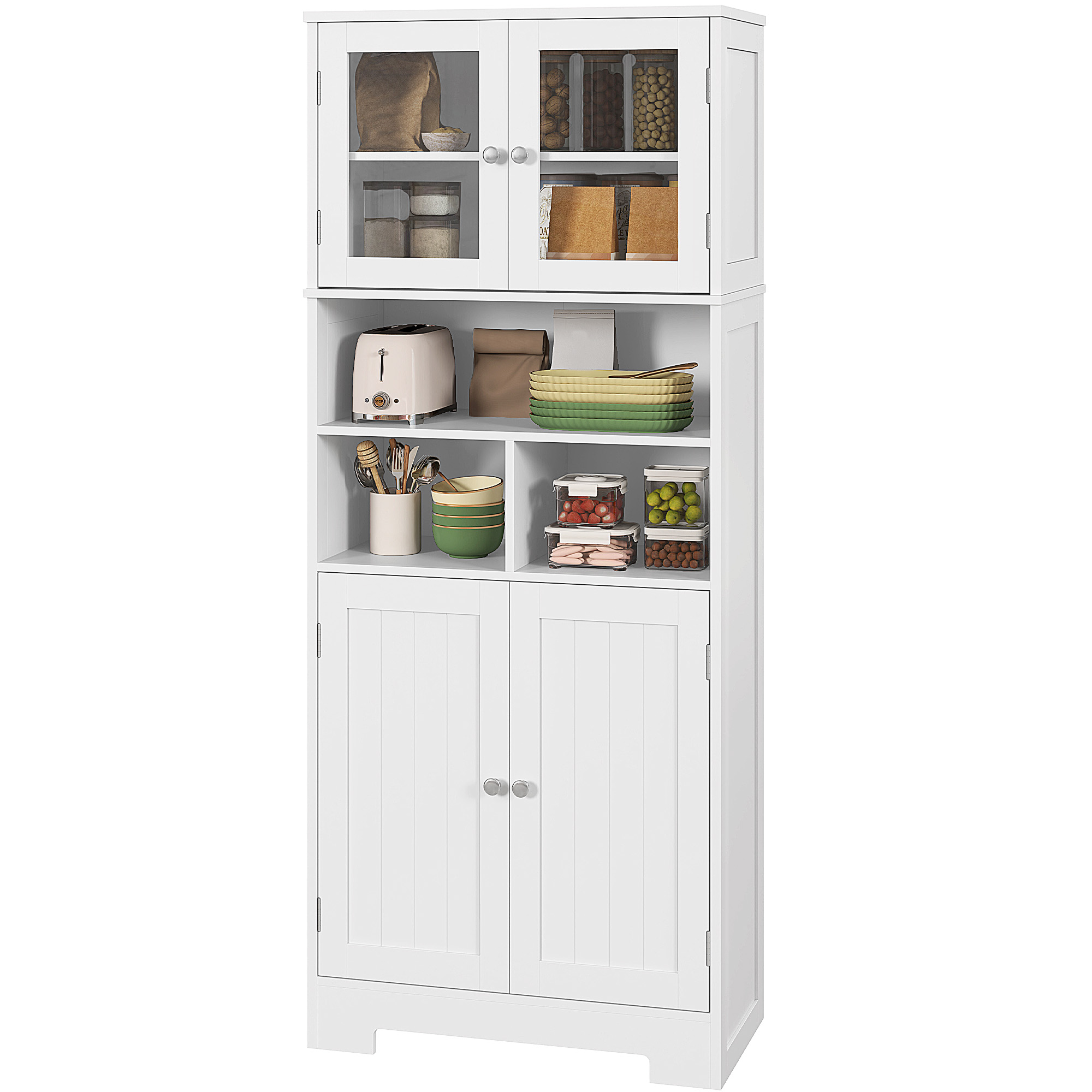 HOMCOM Küchenschrank mit 2 Schränken und 3 offenen Fächern, Glastüren und verstellbaren Regalen, 60x30x145.5 cm, Weiß