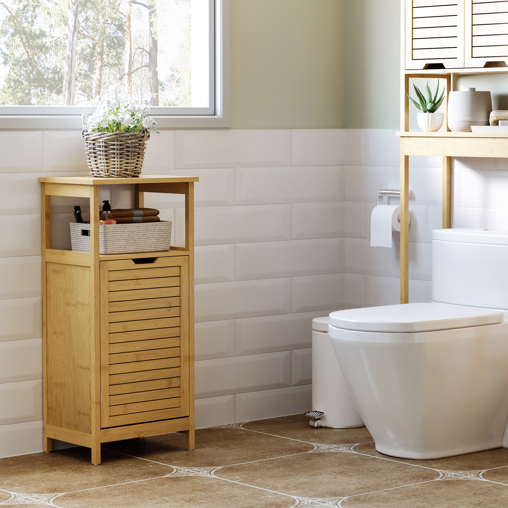 kleankin 2-in-1 Wäschekorb, 1 Regal, Korb aus Vlies, 40 cm x 30 cm x 86,5 cm Bambus Natur