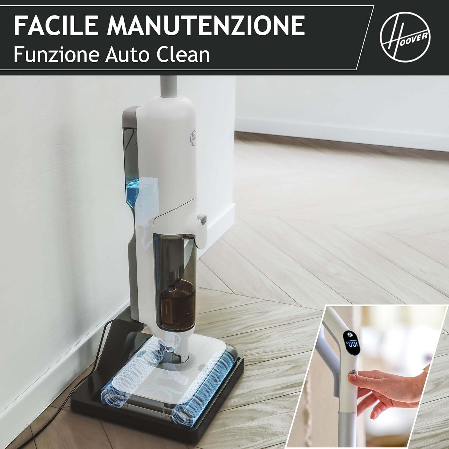 Hoover Aspirapolvere e lavapavimenti senza fili HW5 per pavimenti delicati e duri, Potenza 230W, Sistema a doppio rullo, 3 modalità, Funzione di autopulizia [HW500]