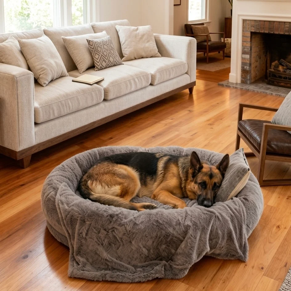 Large Dog Bed �C Plush Faux Fur with Storage Pocket & Blanket Set