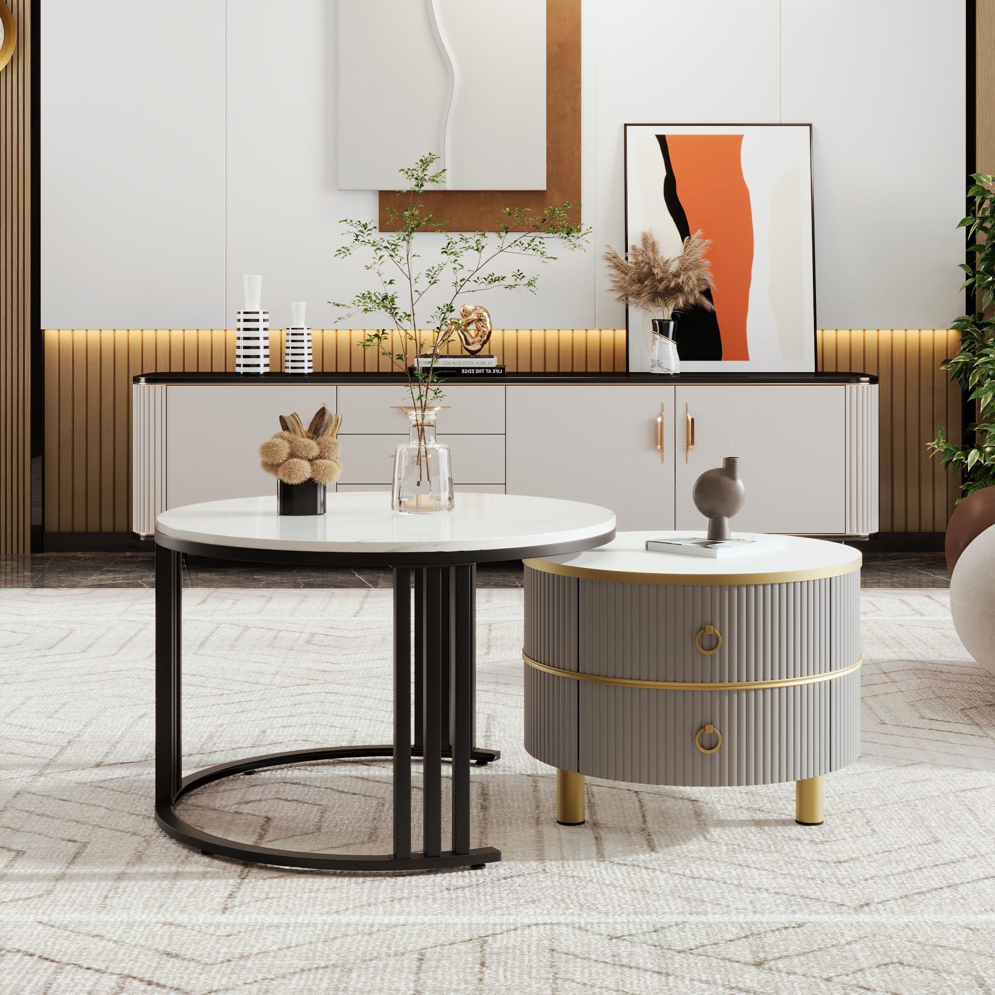 2-in-1 Couchtisch-Set mit Marmormuster und Hochglanz, runde Tische mit Schubladen, MDF und Metallbeine, Weiß+Schwarz