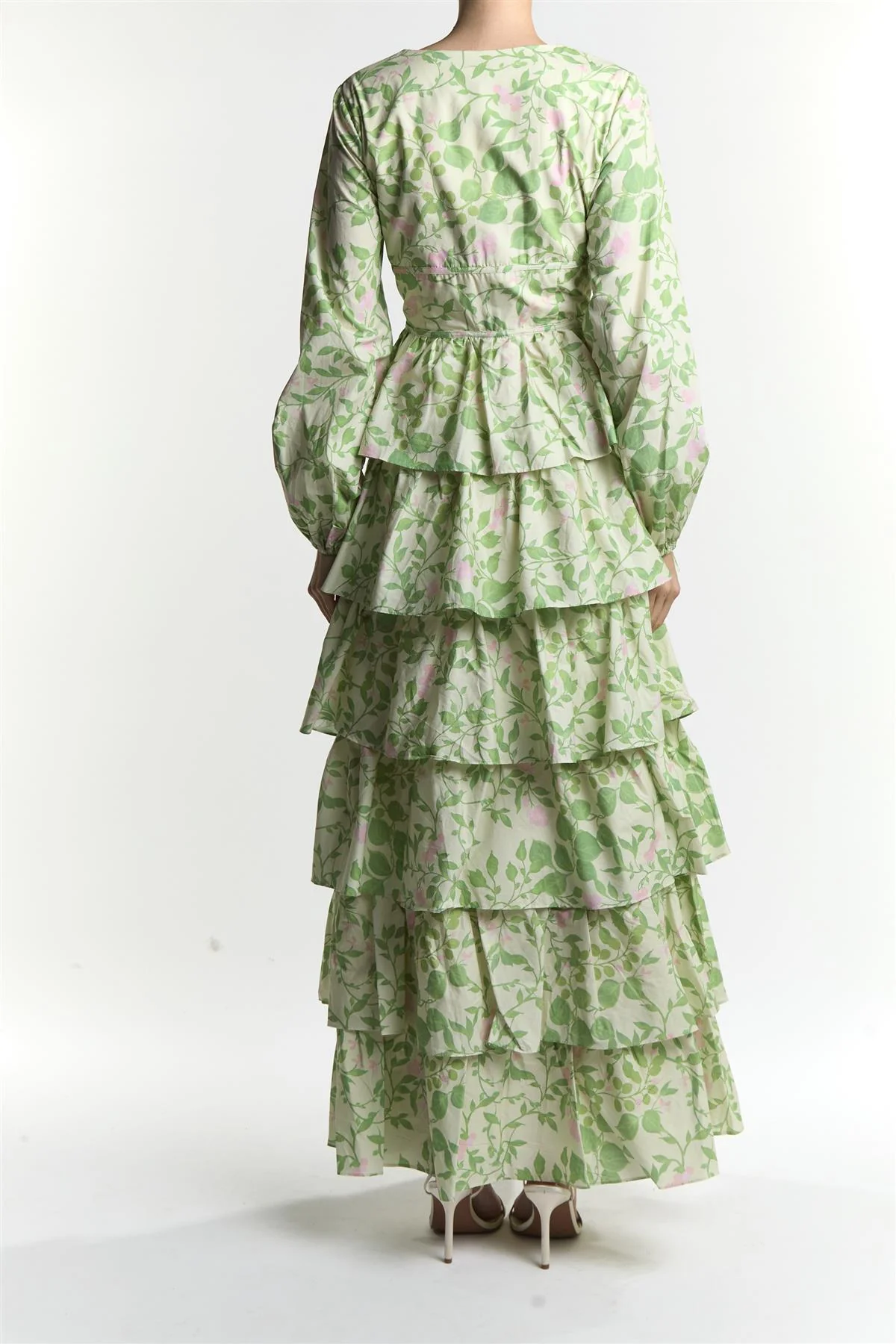 Green Vine Floral Samira Long Sleeve Tiered Maxi-Dress