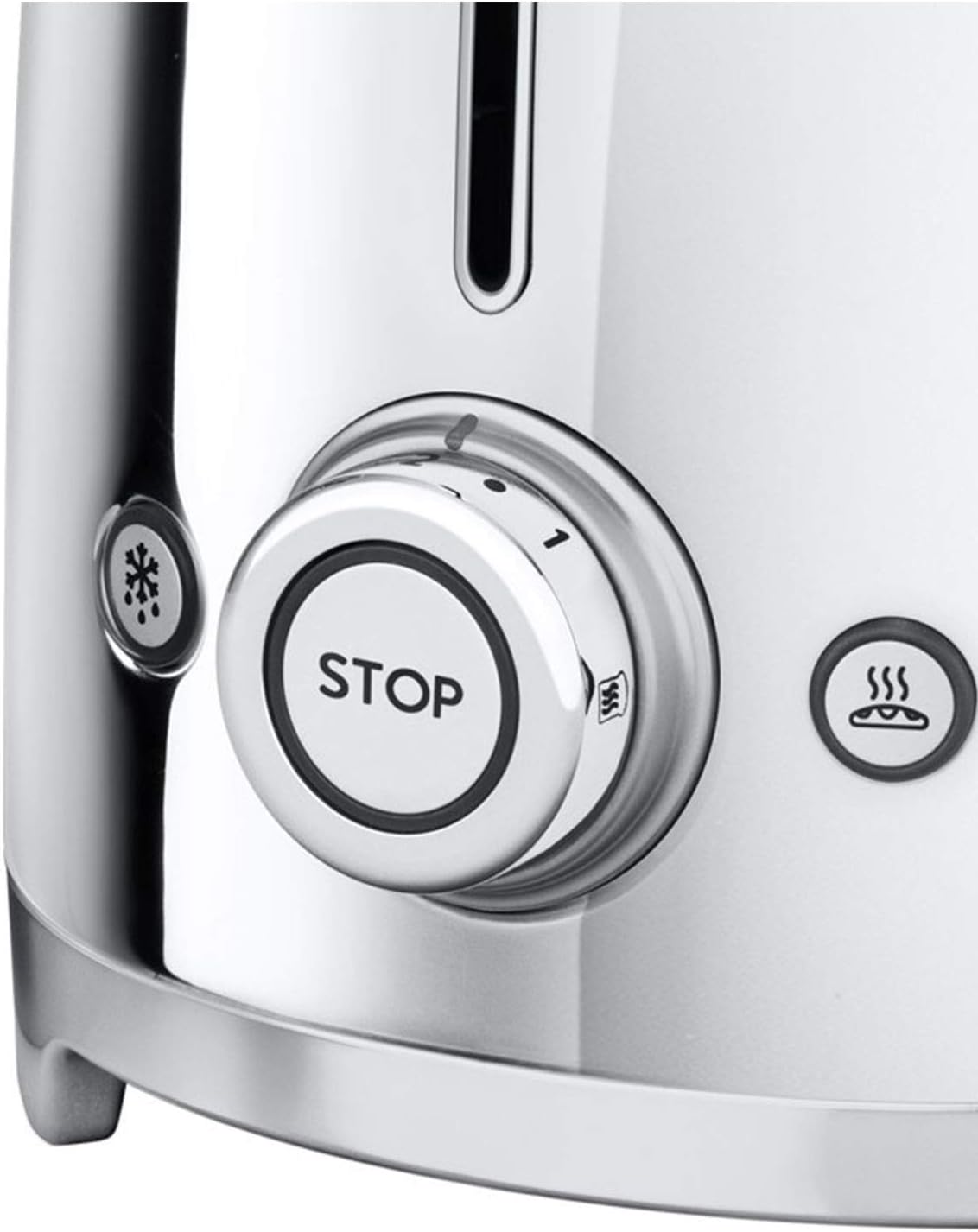 Smeg, 2x2 TSF01SSEU -Toaster, 2 Schlitze für 2 Scheiben, 6 Vergoldungsniveaus, Heizfunktion, Abtau- und Bagel- Funktion, Sammelschublade, 950W, Chrom