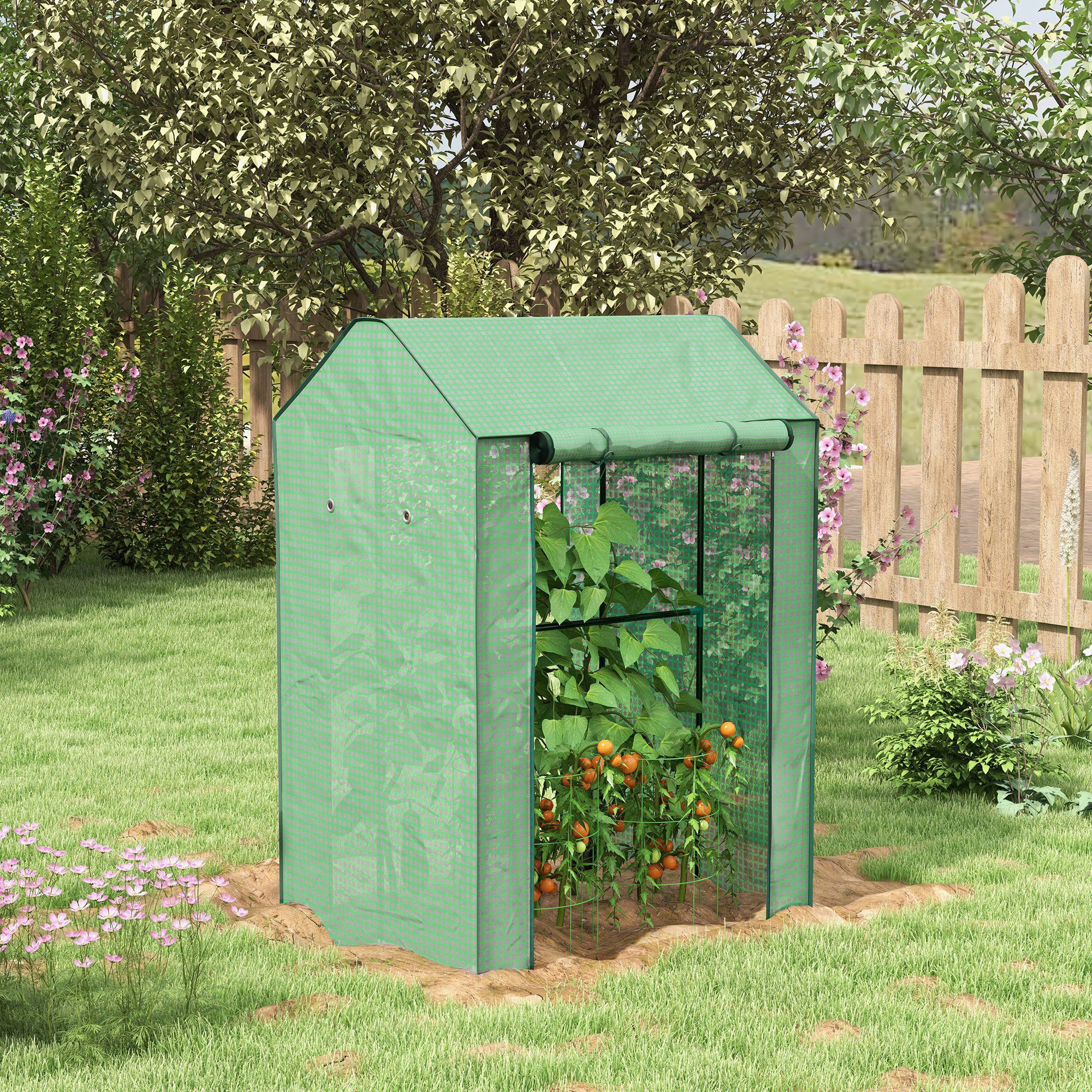Outsunny Garten-Gewächshaus mit 2 Räumen und 2 aufrollbaren Türen - 0,8 m² Tomaten-Gewächshaus Maße 1L x 0,8B x 1,5H m, Stahl und PE