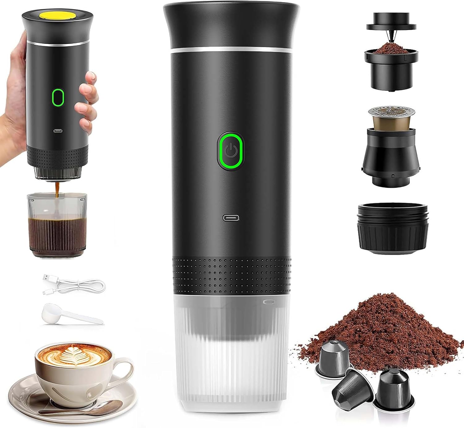 PZCC Portable 12V Rechargeable Espresso Coffee Maker with Storage Bag Quick Heating Camping Car Coffee Maker Compatible with K-Cup Capsules, Ground Coffee Travel (Black)