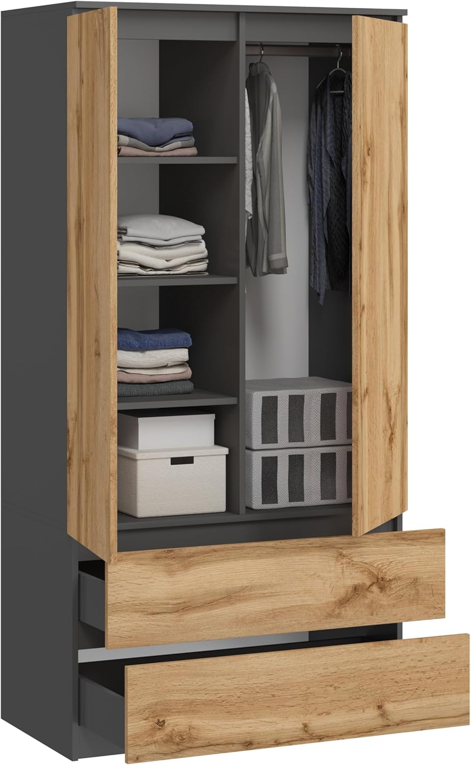 Large Wardrobe with 2 Doors, 2 Drawers, 4 Shelves & Clothes Hanger, Multi-Purpose Wardrobe, 180 x 90 x 50.5 cm (Graphite/Wotan Oak)