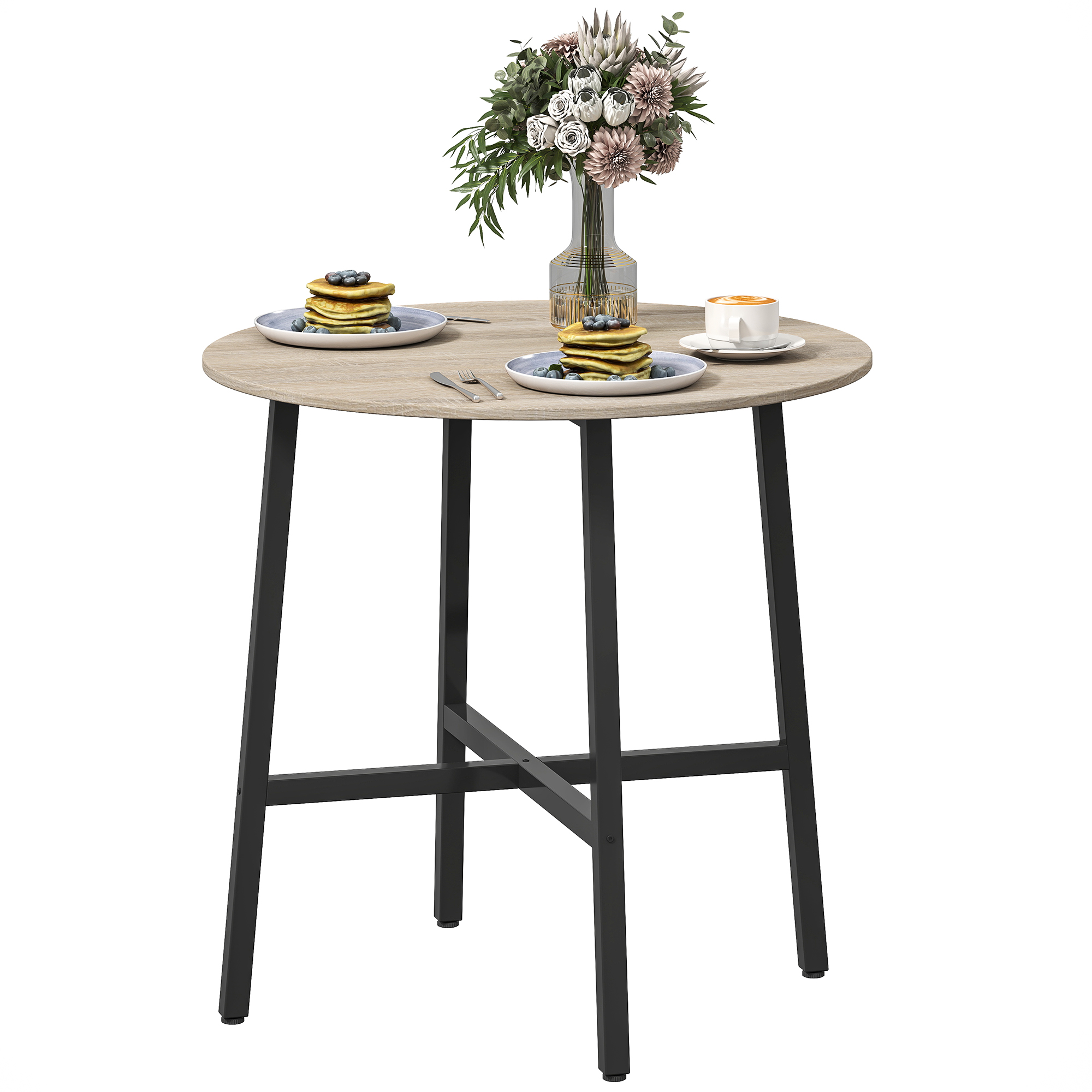 HOMCOM Runder Esstisch 80 cm für 2 Personen mit Holzoptikplatte und gekreuztem Stahlgestell, Naturholz