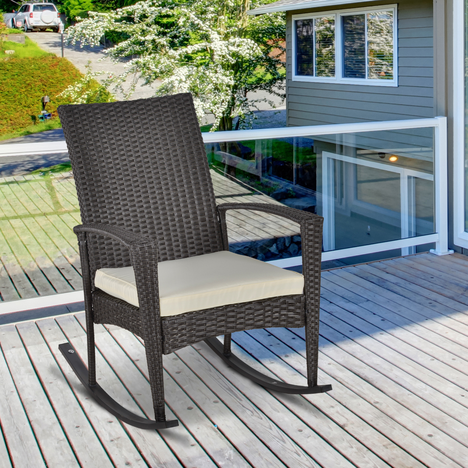 Outsunny Schaukelstuhl Schwingsessel Gartenstuhl mit Kissen , Polyrattan+Metall, Braun+Cremeweiß, 66 x 88 x 98 cm