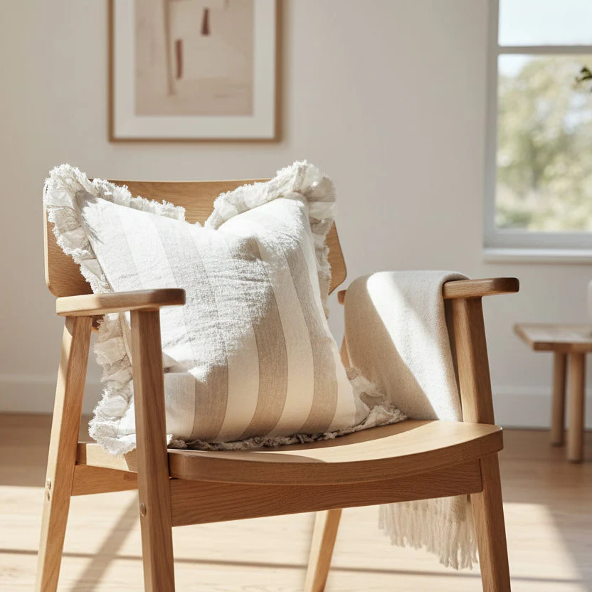 Beige & Cream Stonewashed Linen Cushion �C Ruffled Edge, 45cm