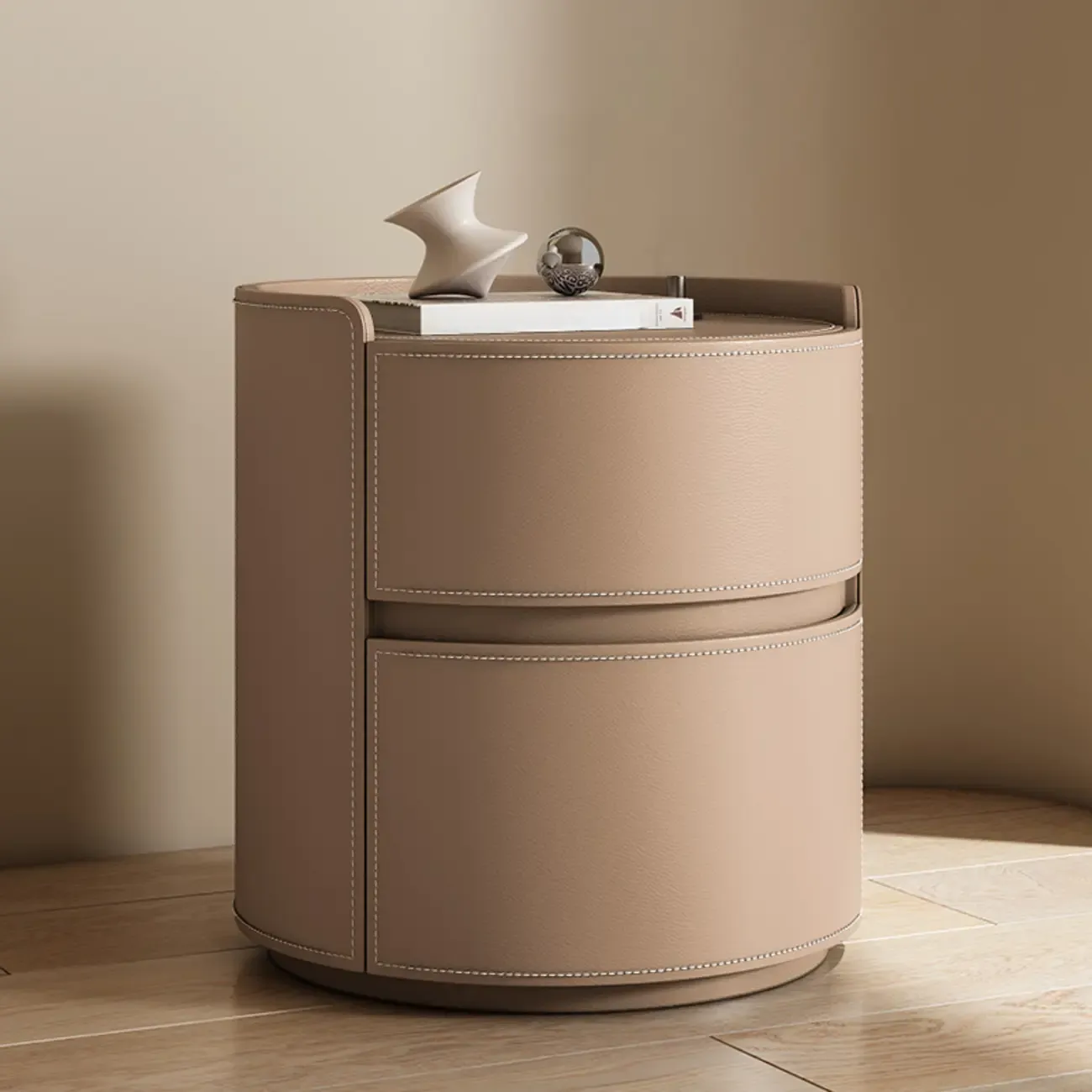 Modern Leather Tray Round 2-Drawer Nightstand