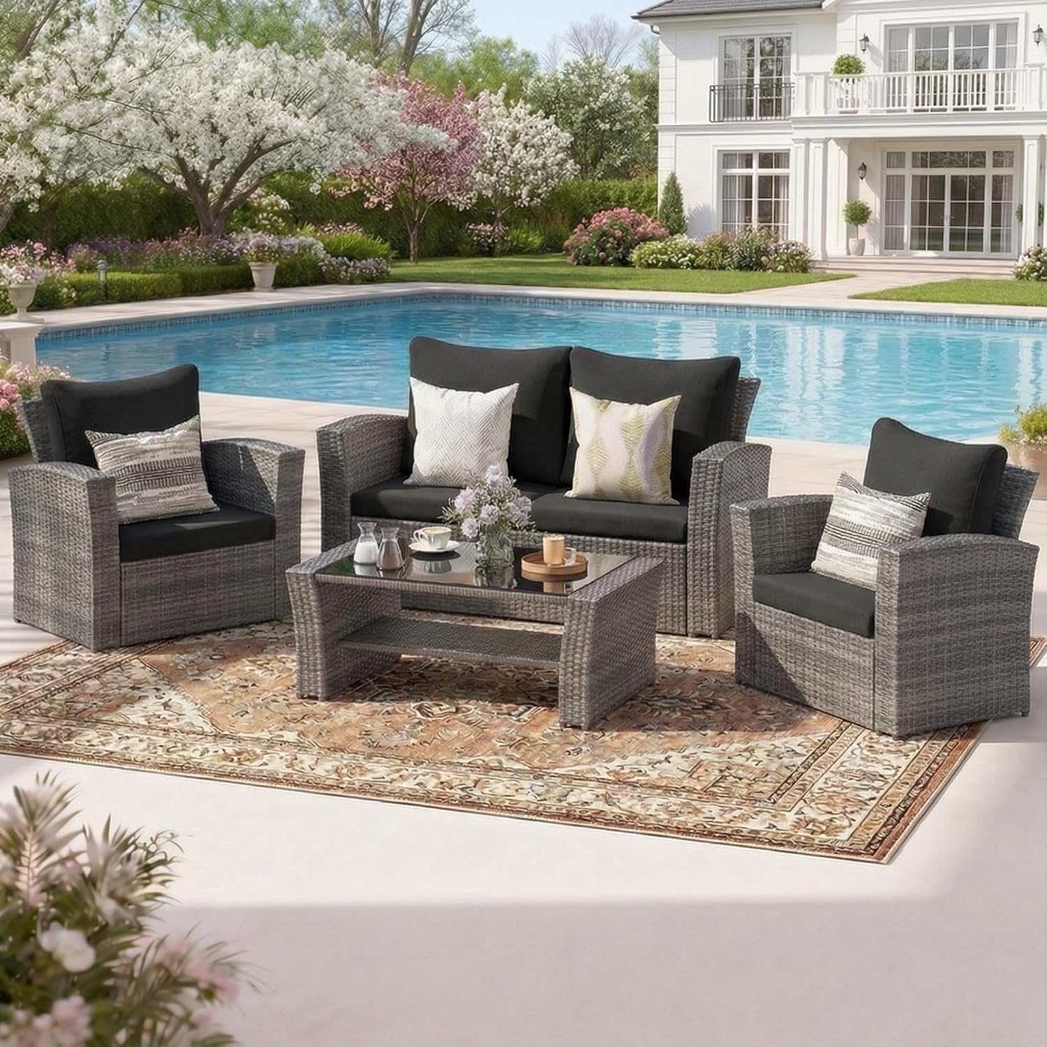 Wisteria Lane 4 Piece Patio Furniture Set. Wicker Outdoor Patio Conversation Furniture Set. All Weather Outdoor Patio Sofa with Cushion and Glass Table. Navy Blue