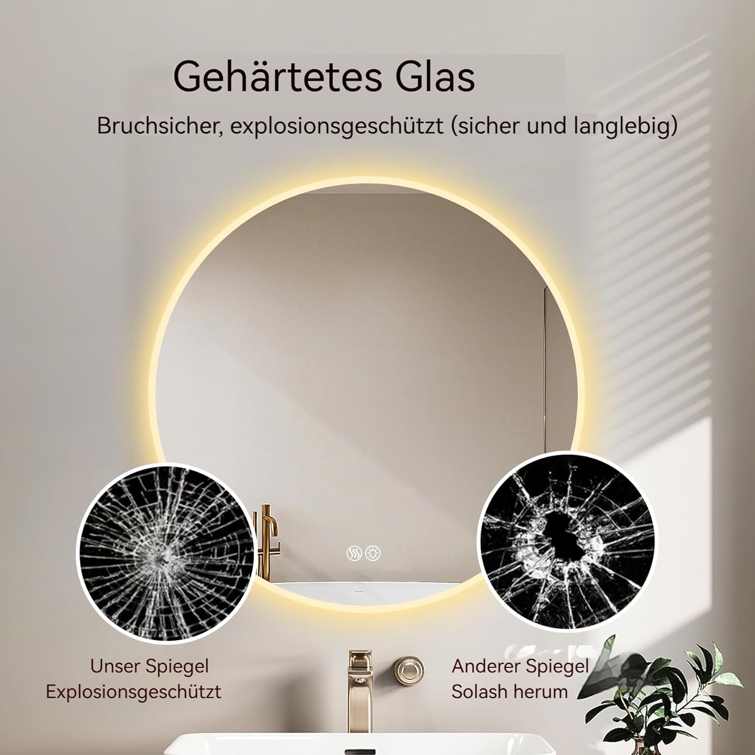 Tidyard 70 cm LED Rundspiegel, 3-farbige dimmbare Beleuchtung, Anti-Beschlag-Funktion, für Bad und Schlafzimmer
