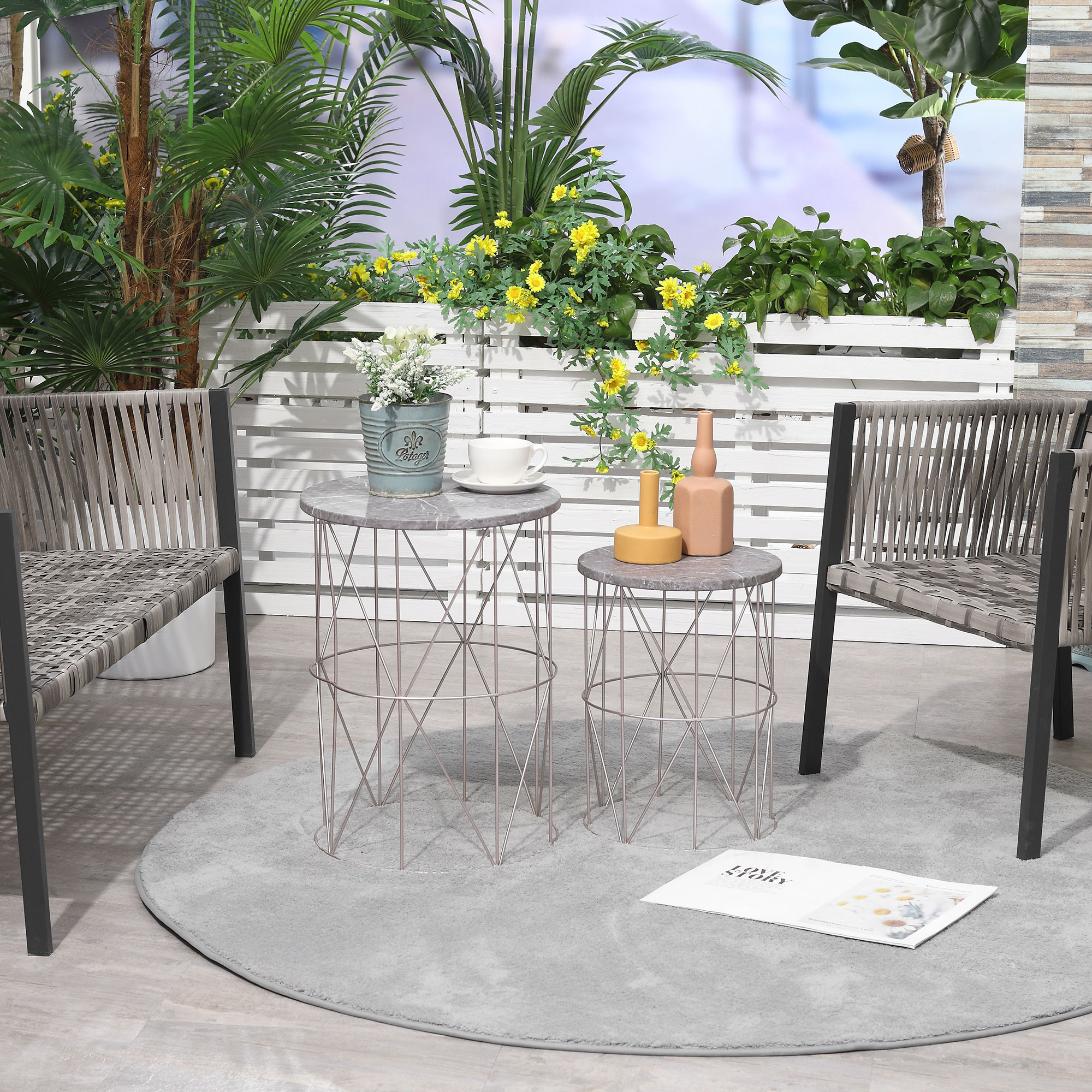Outsunny 2er-Set Beistelltisch Stapelbar Gartentisch in Marmor Optik Balkontisch aus Metall, runder Kaffeetisch 50kg belastbar, Ø38x52,5 cm Sofatisch für Outdoor Indoor Balkon Rose+Gold+Grau