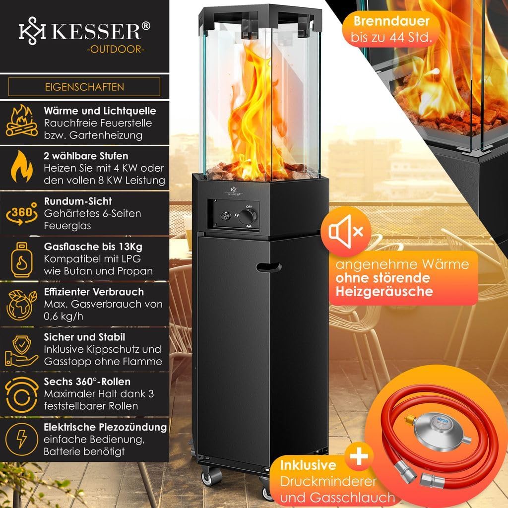 KESSER® Gasheizstrahler 4/8 kW Gas Piezozündung Heizung + Gasdruckregler + Cover, 360° Rollen Kippschutz, Terrassenheizstrahler Gasheizung Gasheizer Outdoor Kamin Mobiler Heizpilz, Heizer, Schwarz