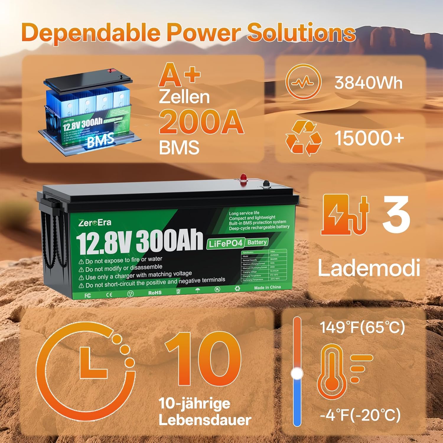LiFePO4 Batterie 12V 300Ah,3840Wh Lithium Battery mit Temperaturschutz von 200A BMS,15000+ Deep Cycle, Unterstützt Serien/Parallelschaltung für Haushaltsspeicher,Wohnmobil