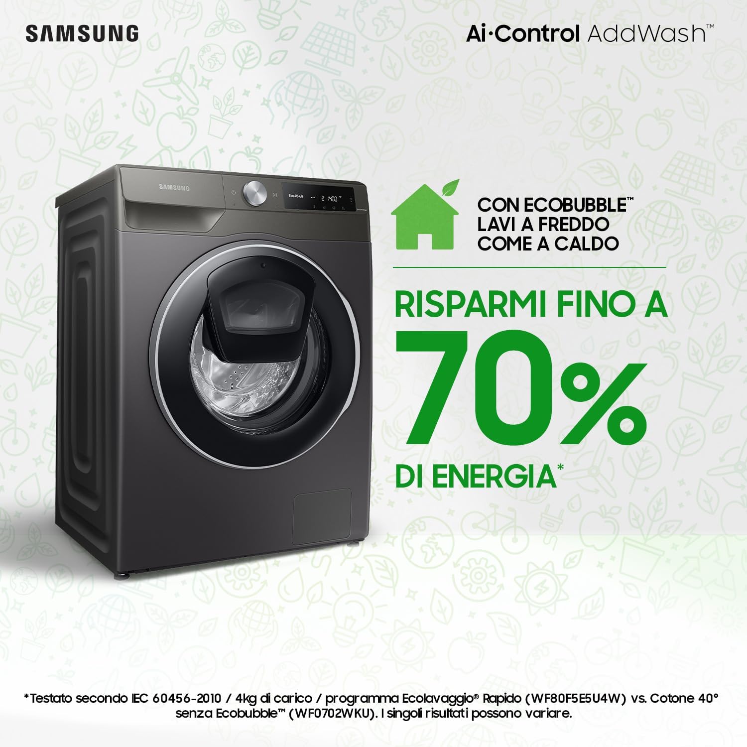 Samsung Lavatrice AI control Addwash WW90T684DLN/S3, Libera installazione, 9 Kg, 1400 RPM, WiFi, Ecodosatore, Vapore, Carica Frontale, 60l x 85h x 55p cm, Nero