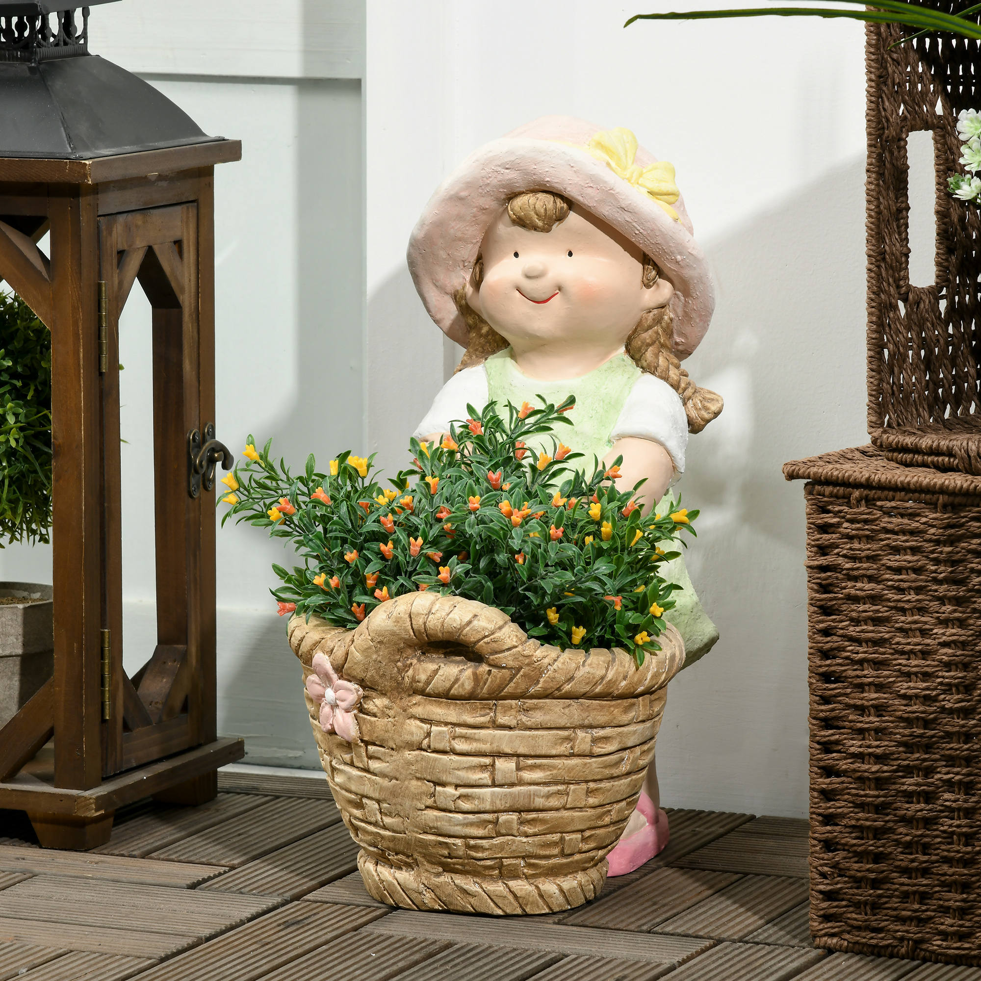 Outsunny Gartenfigur "Mädchen mit Blumenkorb", Gartendekoration, wetterbeständig, 20 cm x 30 cm x 40 cm