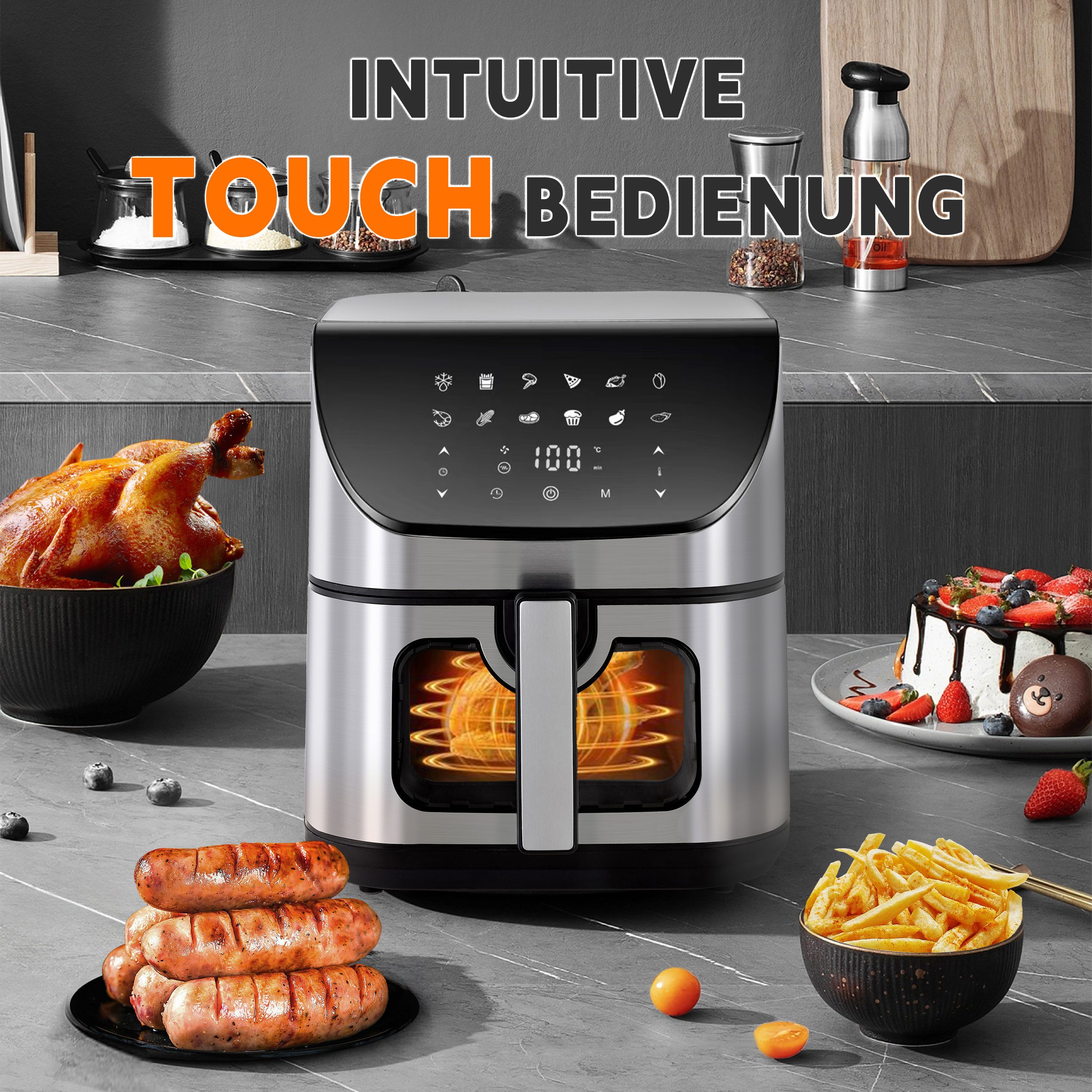 Heißluftfritteuse 8,5 L Airfryer –1800 W, LED‑Touchdisplay & 12 Kochprogrammen