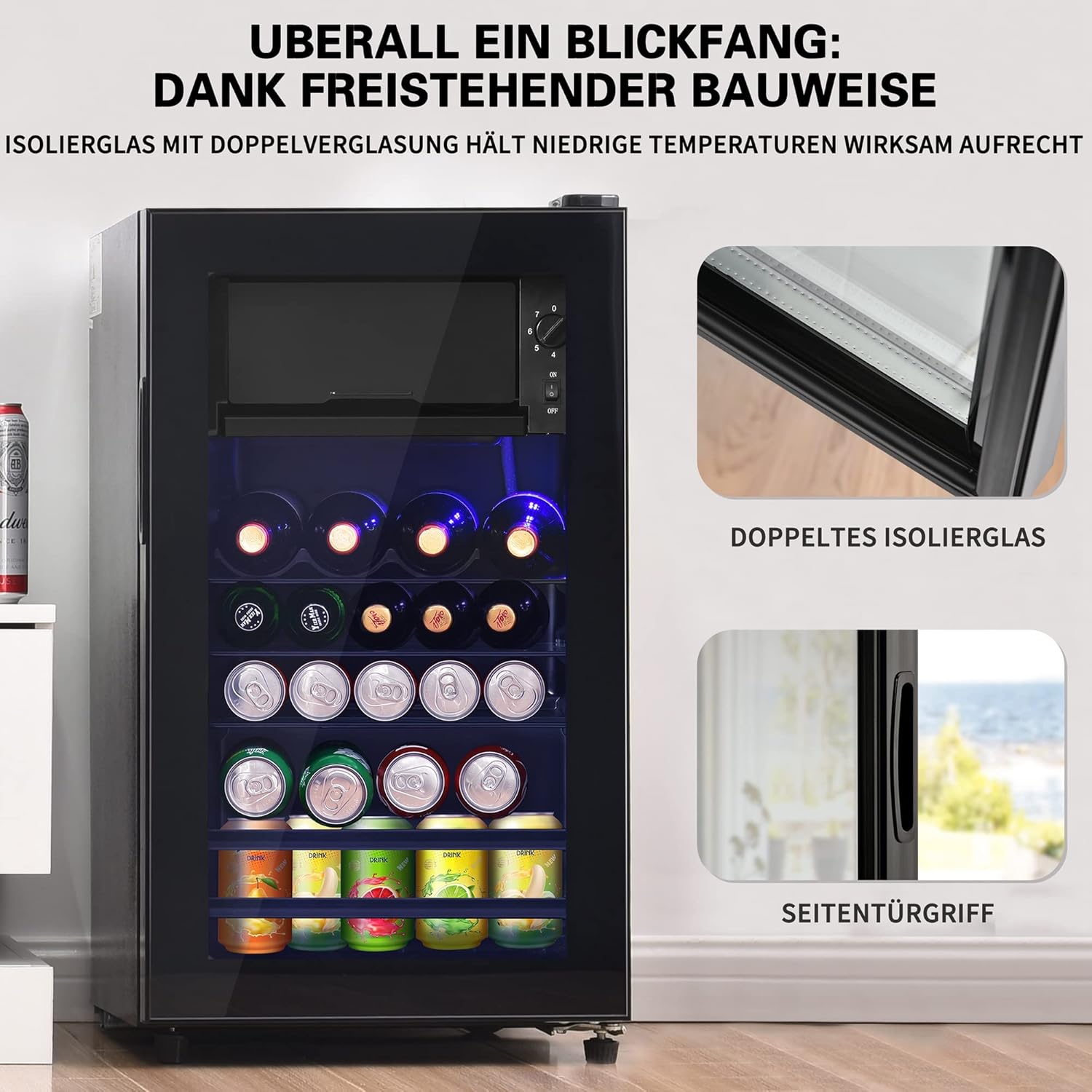Merax 76L Kühlschrank: Kühlschrank mit 70 l Kühl- und 6 l Gefrierkapazität,LED-Licht,51 Dosen Kapazität, leise Kühlung,anpassbare Einlegeböden [Energieklasse F]