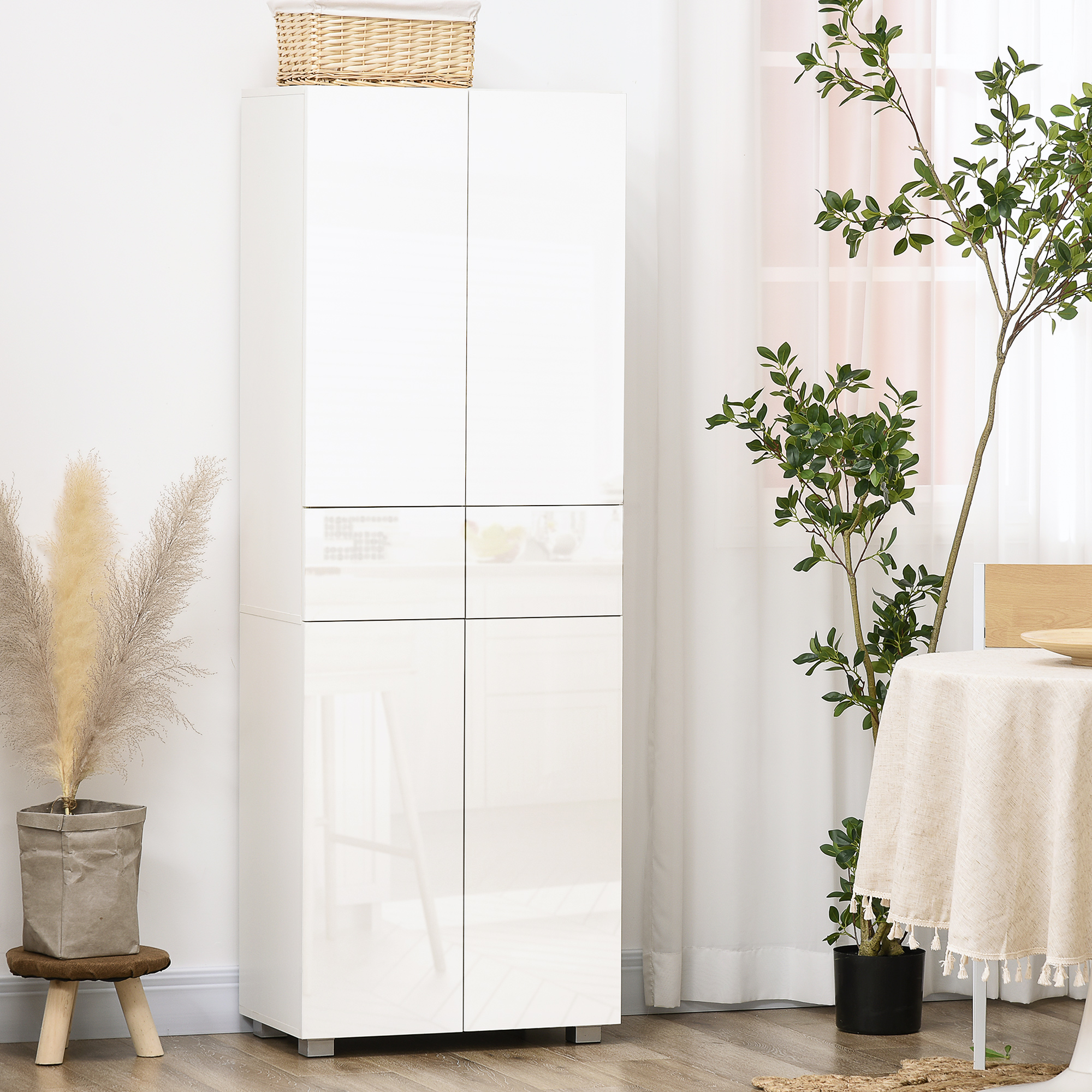 HOMCOM Küchenschrank Aufbewahrungsschrank Buffet 4 Türen mit verstellbaren Regalen - Maße 60B x 35T x 170H cm Lackweiß