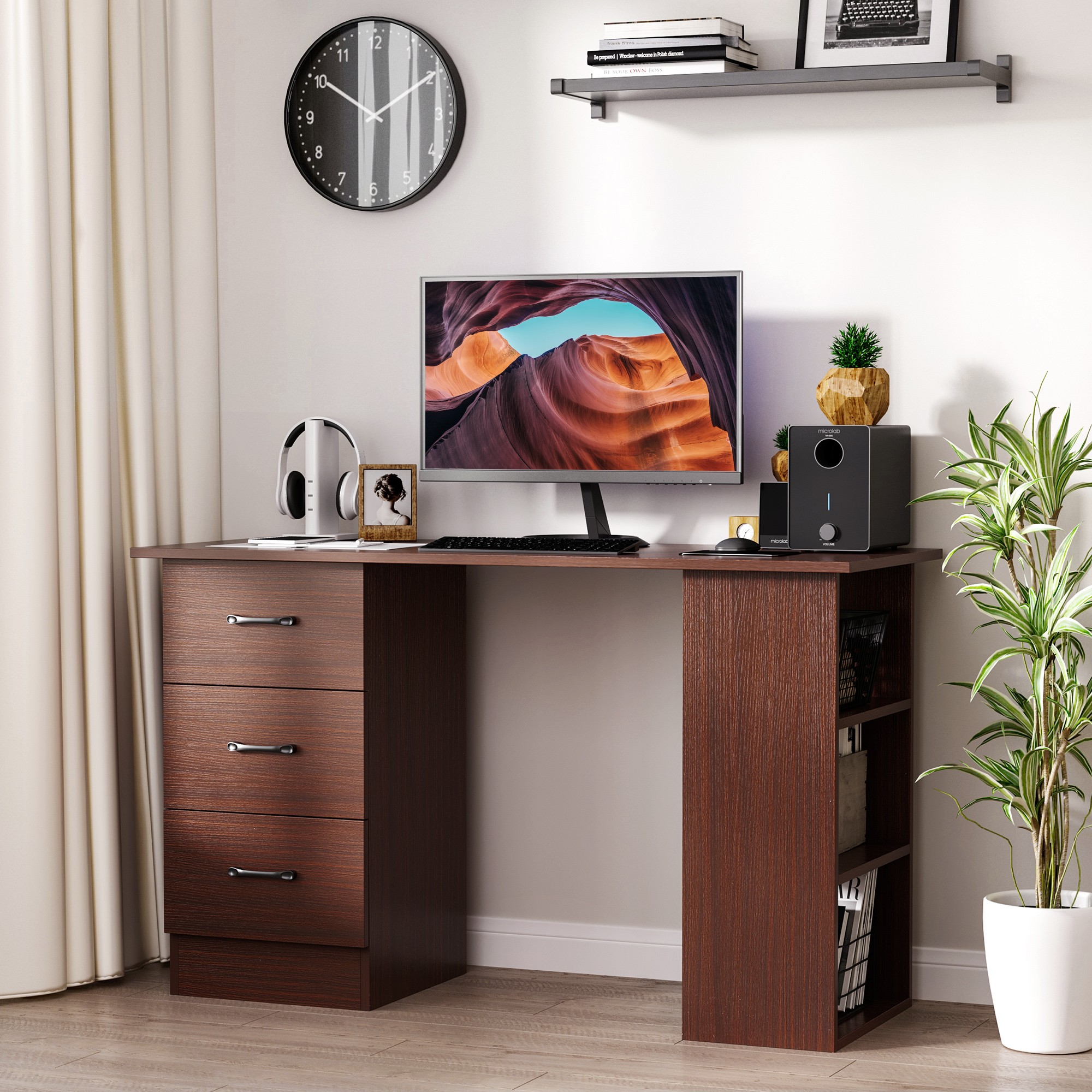 HOMCOM Schreibtisch Büro mit 3 Schubladen und 3 umkehrbaren Regalen aus Holz, 120x49x72cm, Walnuss