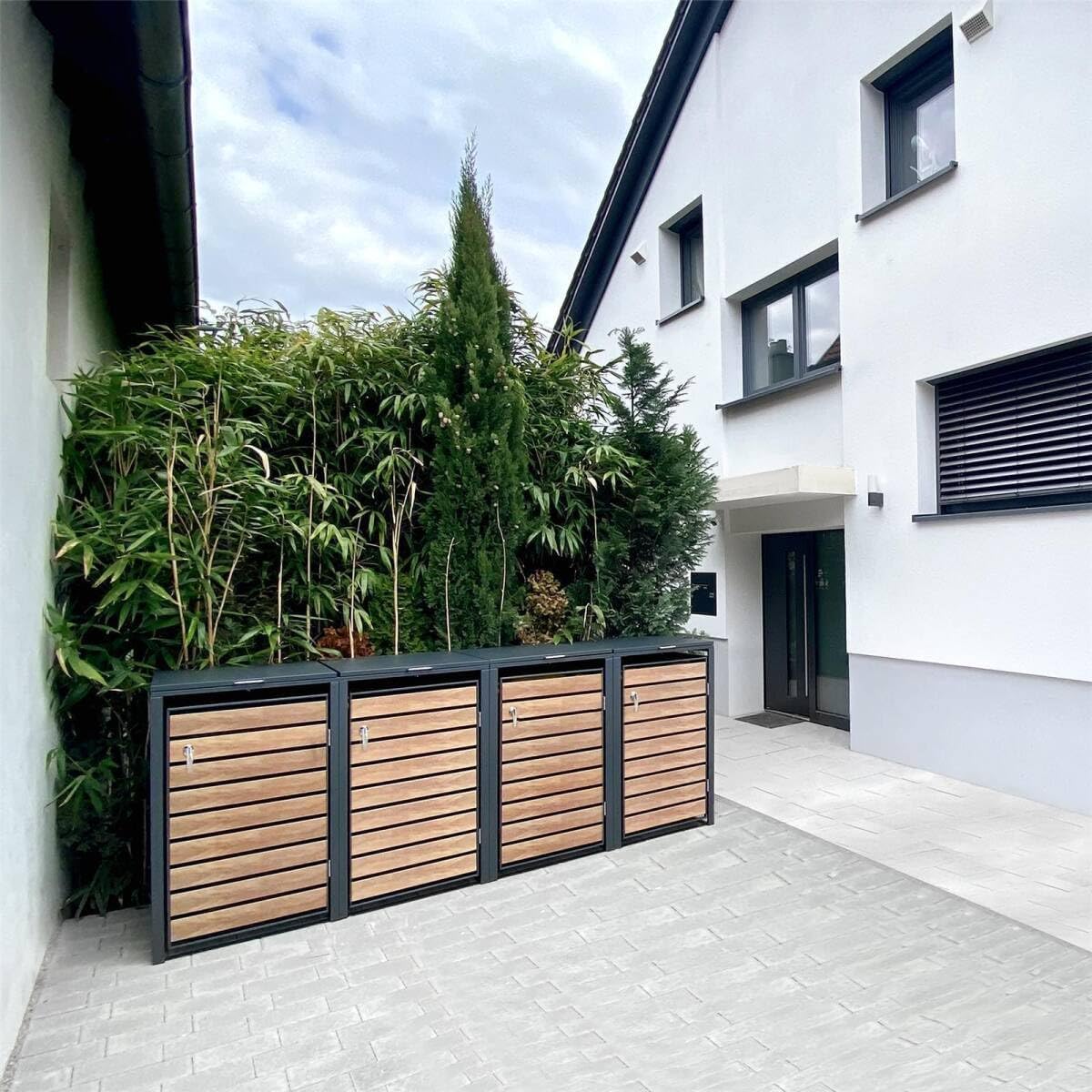 Metzler Mülltonnenbox in Anthrazit & Holzoptik 2er 240L, Mülltonnenverkleidung 2 Tonnen, witterungsbeständiger und pulverbeschichteter Stahl mit Automatikdeckel, abschließbar, Garten- und Müllbox