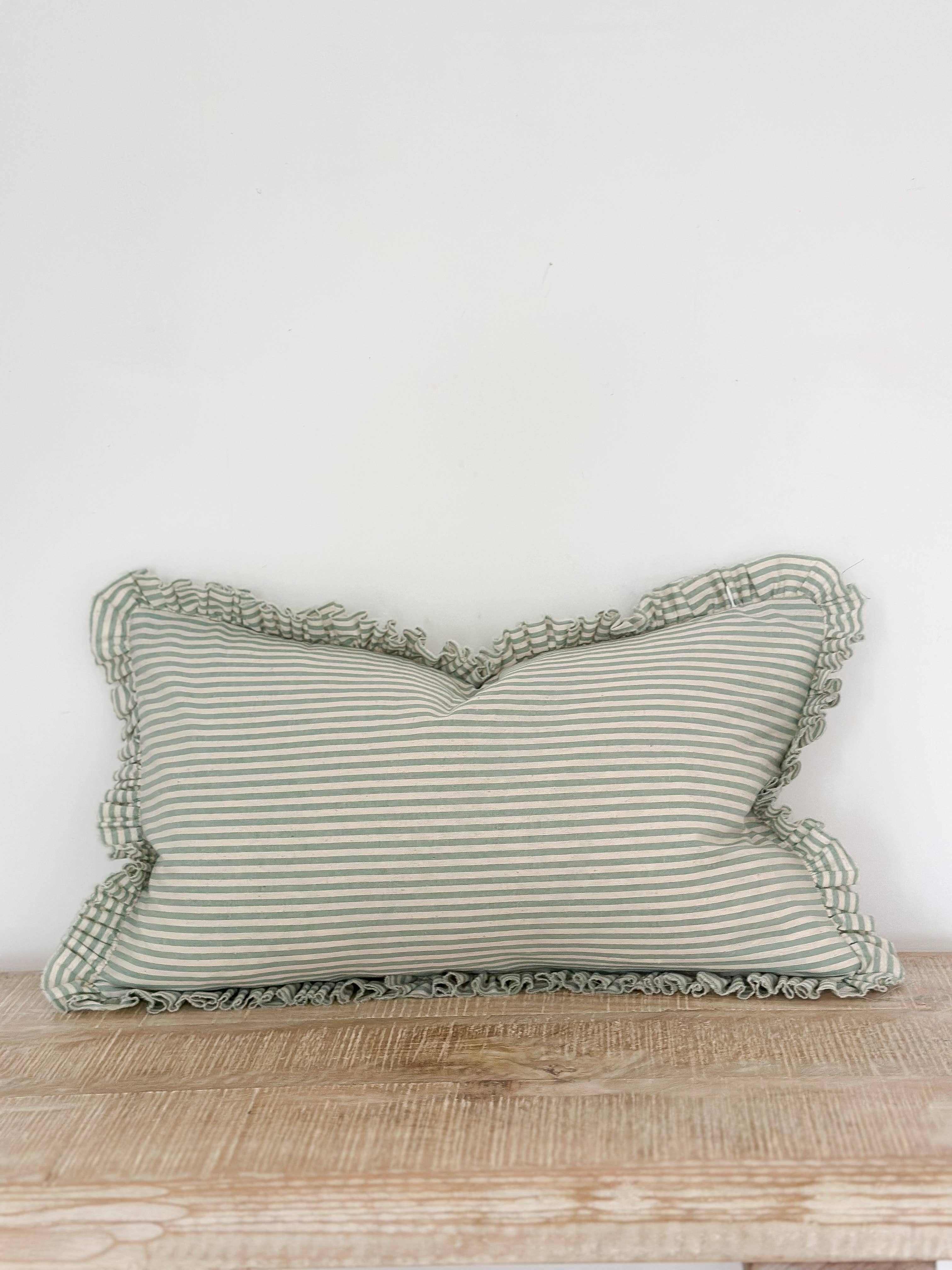 Sage Green Ruffled Cushion �C 50 x 30 cm (Feather Pad Included)