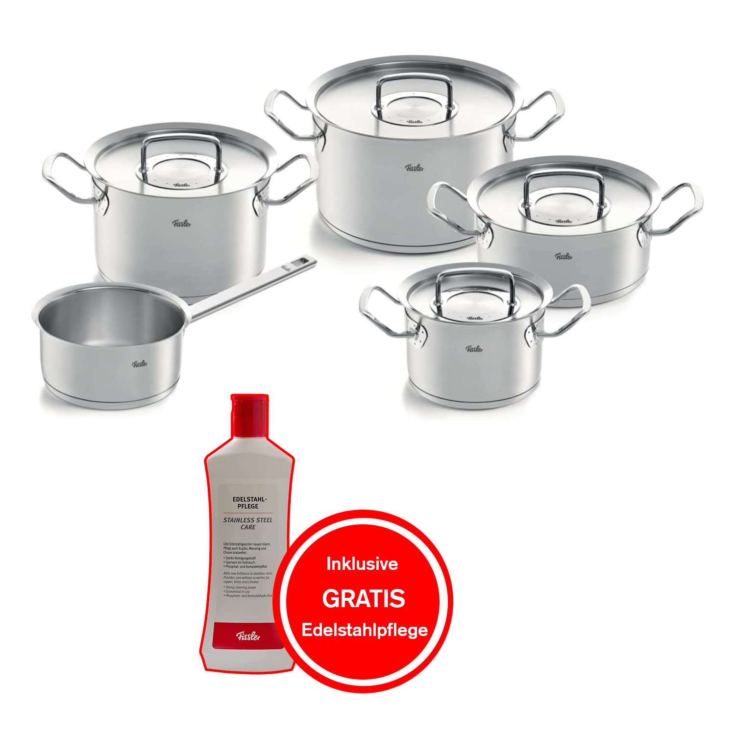 Kochtopfset 5-teilig aus Edelstahl mit Metalldeckeln und Edelstahlpflege, für alle Herdarten inkl. Induktion