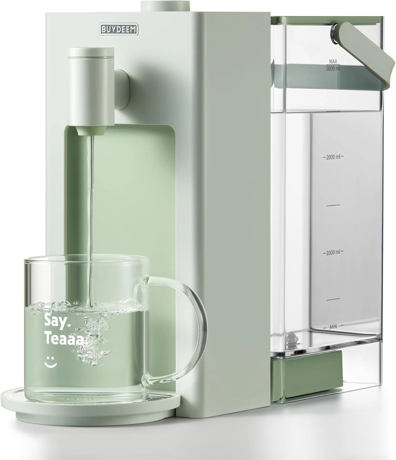 3-liter instant hot water dispenser, desktop water heater, with 8 temperature settings and 5 water volume options, quickly heats up, highly suitable for home and office use, featuring a warm and pleasant light green design.